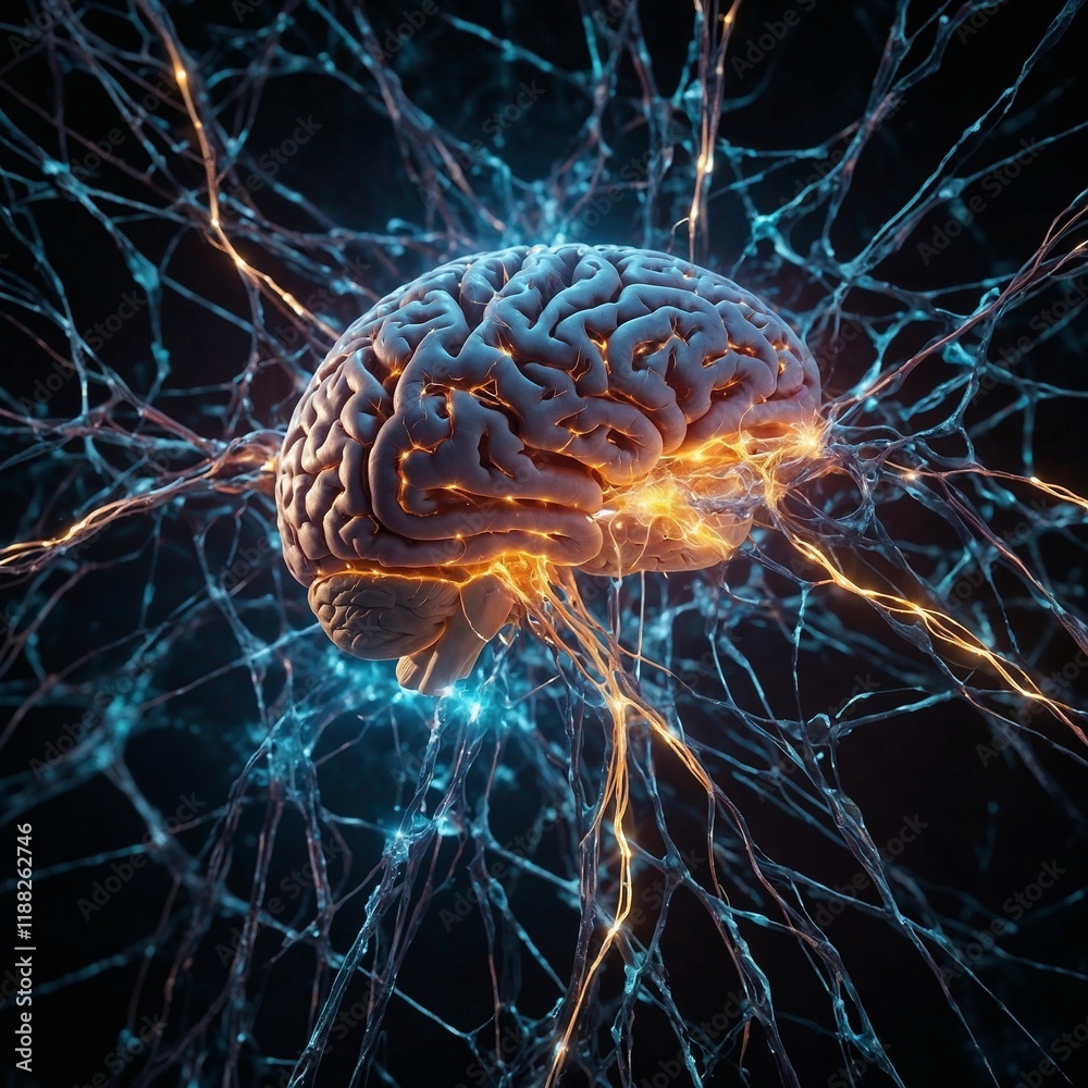 A brain entangled in a web of glowing neurons, with sparks of creativity emanating from its core A brain entangled in a web of glowing neurons, with sparks of creativity emanating from its core