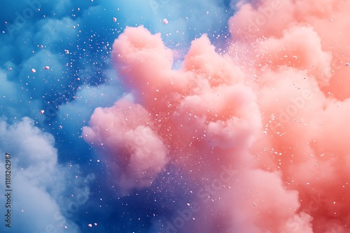 A pastel peach and sky blue powder explosion creating a soft and serene display of color and motion