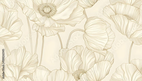 Elegant Illustration - Golden Poppy Flowers on Cream Background