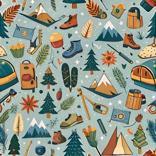 A cheerful seamless pattern with winter camping equipment and forest elements.