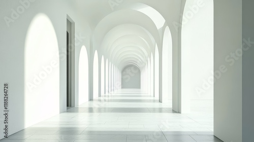 Sunlit white arched hallway with perspective.