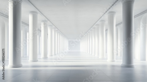 Long hallway with white classical columns and bright floor.