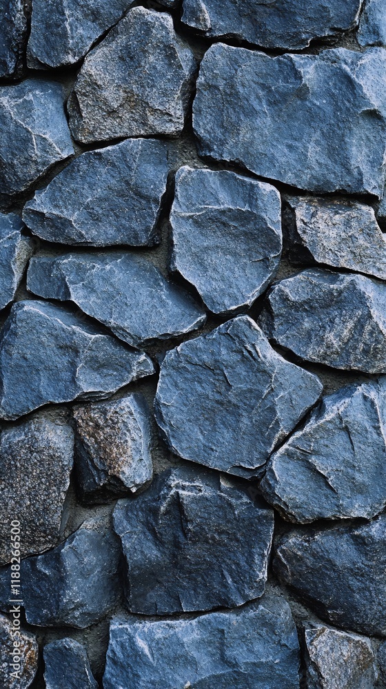 Close-up of a textured stone wall featuring various shapes and shades of dark blue and gray stones. Close-up of a textured stone wall featuring various shapes and shades of dark blue and gray stones.