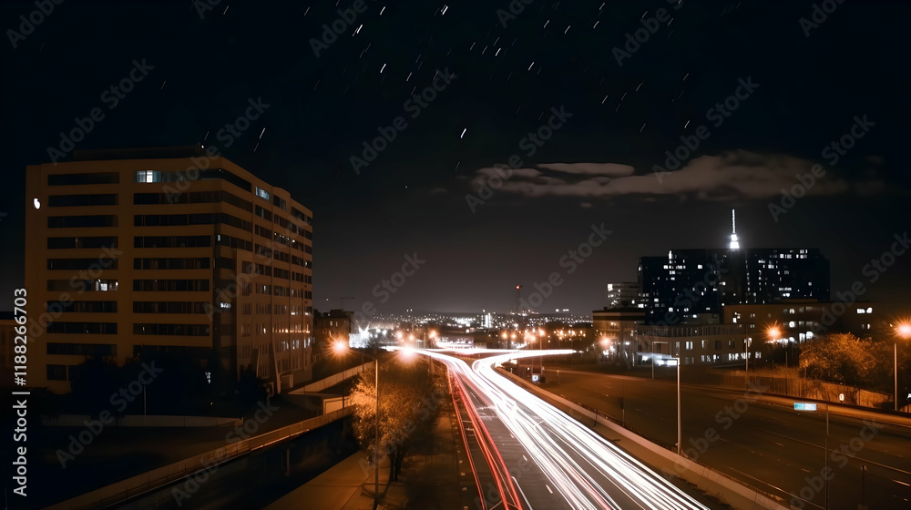 Fototapeta premium Night cityscape highway light trails, urban buildings, star trails, aerial view