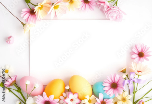 Blank white card surrounded by colorful Easter eggs and fresh spring flowers in soft pastel tones
