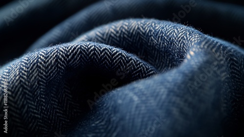 Intricate Herringbone Textile: A Close-Up Study of Deep Blue Fabric