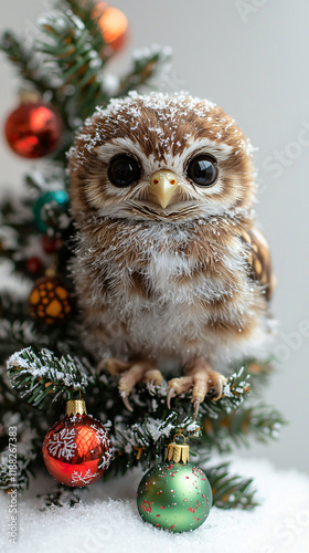 Adorable owl chick festive miniature Christmas tree colorful ornament charm holiday warmth in whimsical winter baby cute pet vet decor poster greeting invitation card national park reservation photo