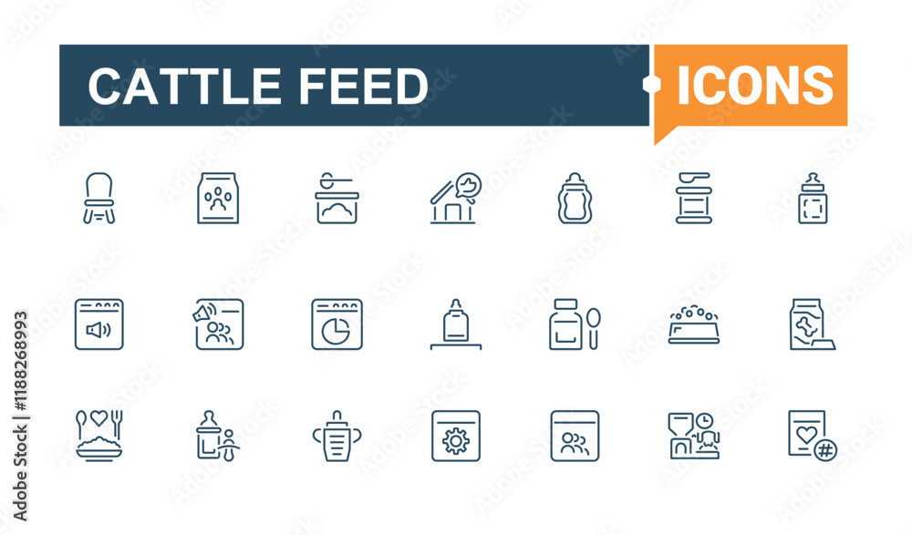 Cattle Feed icons set in linear style. Includes thin line mixer, screw, food, production, feed, web, farming and more. Minimal icons. Editable stroke. Cattle Feed icons set in linear style. Includes thin line mixer, screw, food, production, feed, web, farming and more. Minimal icons. Editable stroke.