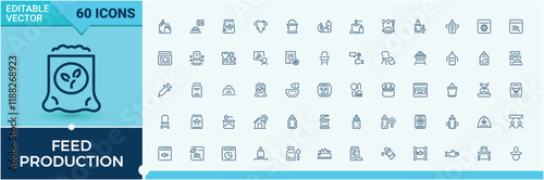 Feed Production icons set in linear style. Featuring granulated, simple, industrial, smart, manufacturing, animal, eat and more. Minimal linear icons. Vector illustration.