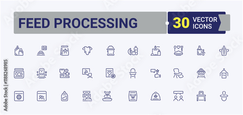 Feed Processing icon set. Includes icons for machinery, animal, screw, silos, feed, web, eat. Thin outline icons pack. Editable stroke. Vector illustration.