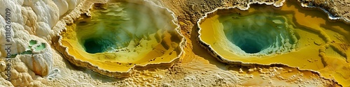 Hot springs viewed from above, featuring natural yellow and green hues in a sandy desert, captivating and intricate. photo