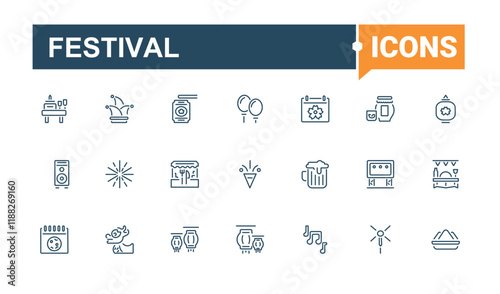 Festival linear icon collection. Related to celebration, festival, hippie, decoration, firework, and, graphic and more. Set of line pictogram. Editable vector illustration.