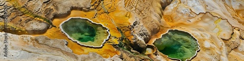 Hot springs viewed from above, featuring natural yellow and green hues in a sandy desert, captivating and intricate. photo