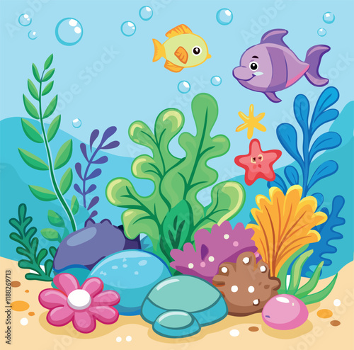 Fish and dolphin swimming over coral reef and algae in the ocean