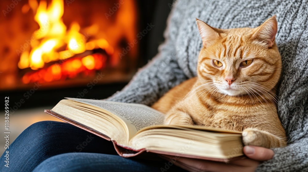 Cozy Winter Evening: Cat, Book, and Fireplace Cozy Winter Evening: Cat, Book, and Fireplace