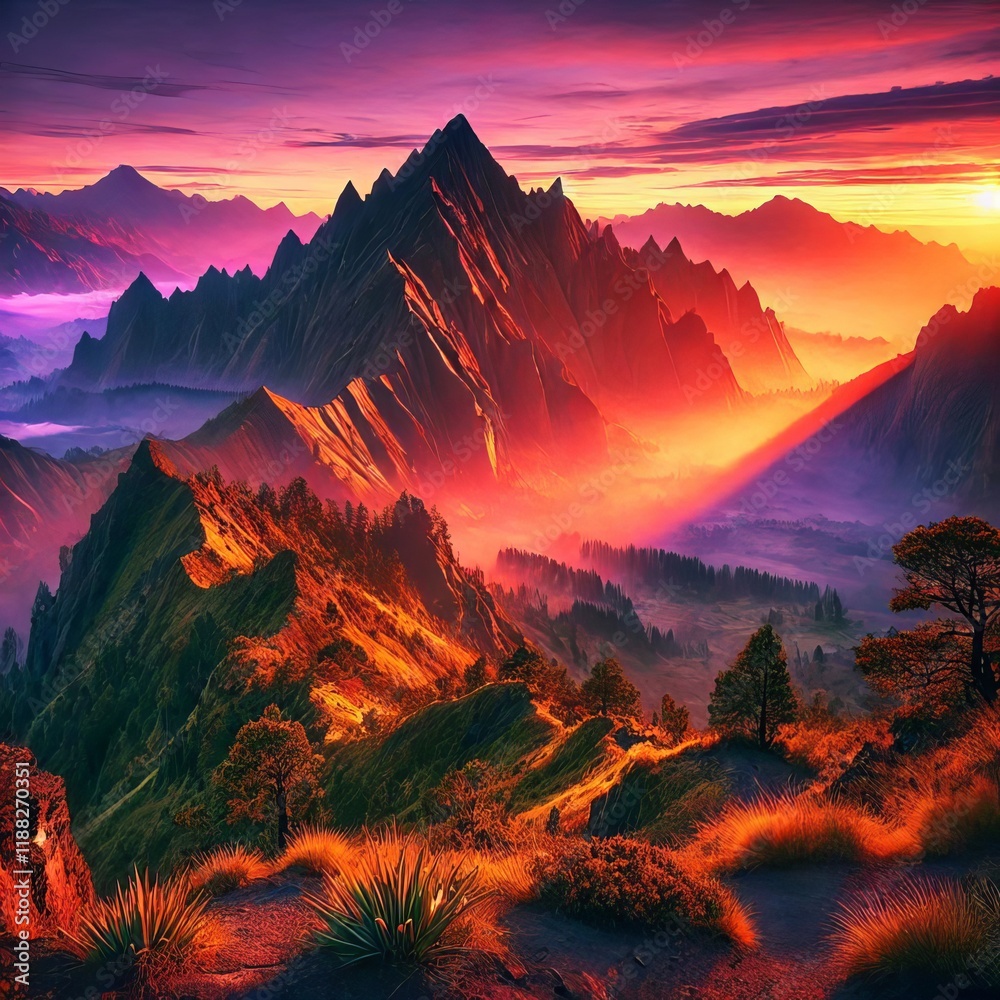 Fototapeta premium A breathtaking mountain landscape during sunset, vibrant colors, ultra-realistic 