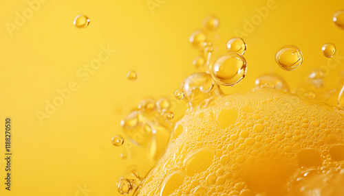 A juicy orange splash captured mid-motion with vibrant yellow liquid droplets. The scene is refreshing and energetic. Background
