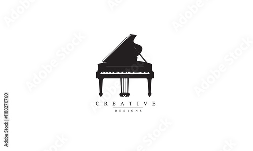 Grand piano front view vector icon. black Logo white background