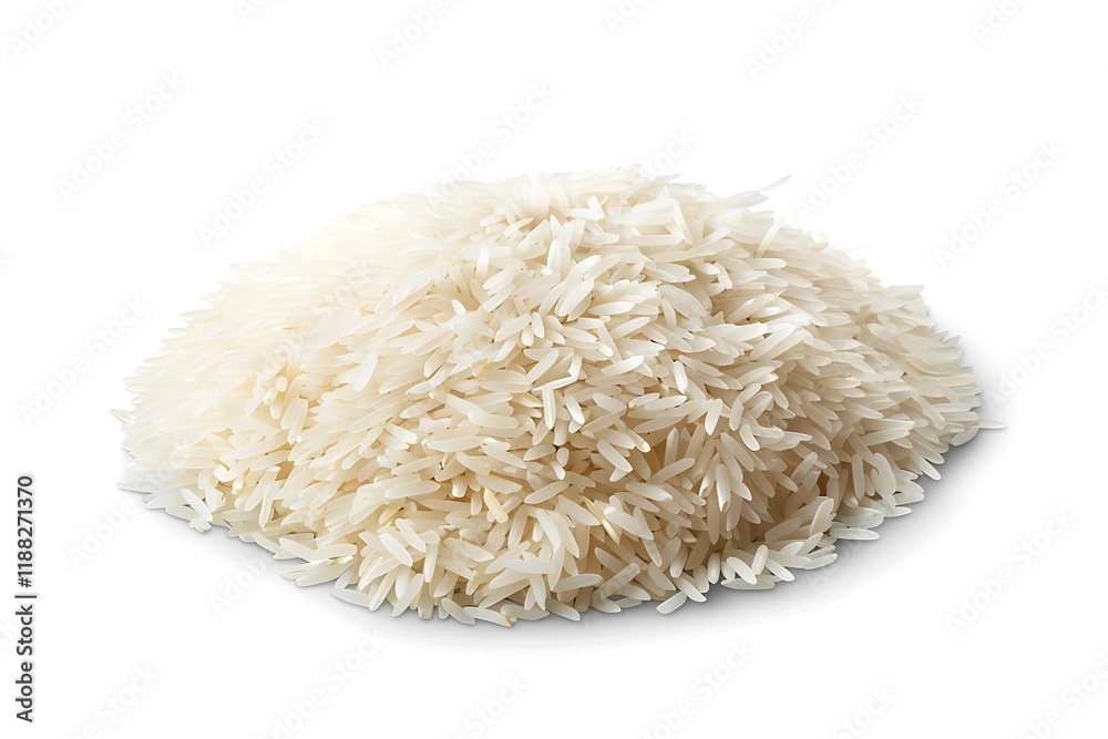 Raw rice in a wooden bowl with basil leaves on a white background Raw rice in a wooden bowl with basil leaves on a white background