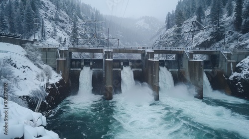 A hydroelectric dam releasing water into a river, surrounded by snow-covered mountains.