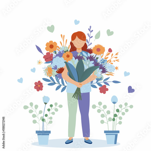 Woman holding a bouquet of flowers with a floral background.