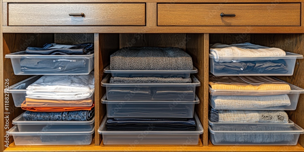 A neat and organized cabinet displaying folded clothes in clear bins and drawers, showcasing effective storage solutions. A neat and organized cabinet displaying folded clothes in clear bins and drawers, showcasing effective storage solutions.