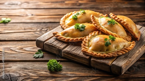 empanadas on wooden table, rustic, bread, rustic, bread, food, argentinian cuisine, traditional, meat filling, sauces