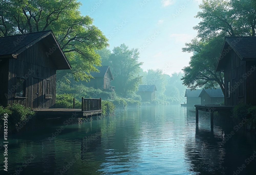Obraz premium Calm Morning Reflections by the Tranquil Waterside Cabins in a Misty Landscape
