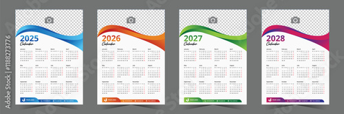 creative calendar layout 2025, 2026, 2027, 2028 vector design. set of one page calendar design template with abstract shape