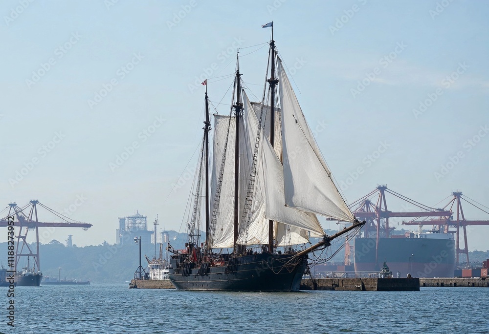 Majestic Sailing Ship Docked by the Harbor With Towering Cranes in the Background Majestic Sailing Ship Docked by the Harbor With Towering Cranes in the Background