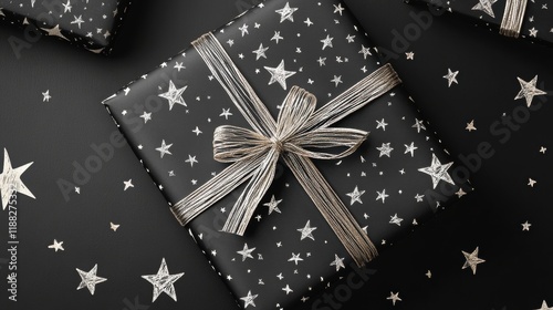 Doodle Stars Gift Wrap, elegant silver stars on a sleek black backdrop, perfect for adding a touch of whimsy to any present. photo