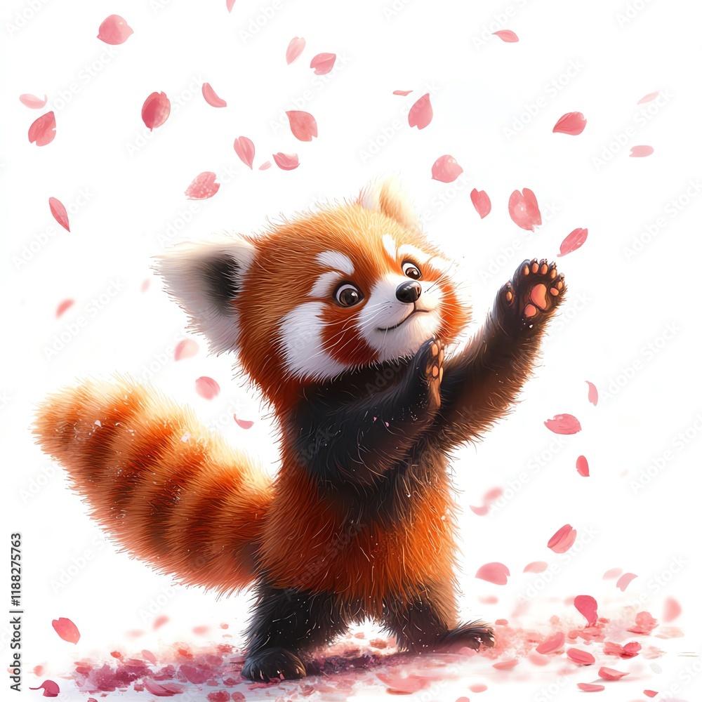 Obraz premium A playful red panda joyfully dancing amidst falling flower petals.