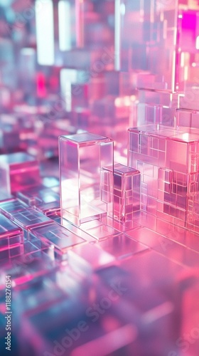 Ciudad futurista abstracta con estructuras de cristal en tonos rosados y azulados, representando tecnología moderna y diseño digital