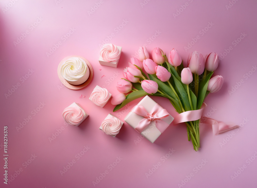 A pink background displays a delightful arrangement: pink tulips, a small cake, pastel pink sweets, and a gift box tied with a ribbon. A perfect spring or celebration scene. A pink background displays a delightful arrangement: pink tulips, a small cake, pastel pink sweets, and a gift box tied with a ribbon. A perfect spring or celebration scene.
