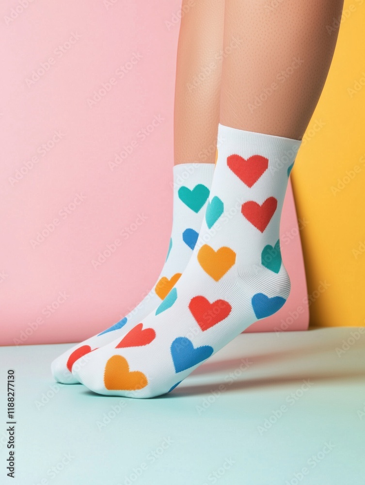Vibrant Heart Pattern Socks on Pastel Background - Love Theme Vibrant Heart Pattern Socks on Pastel Background - Love Theme