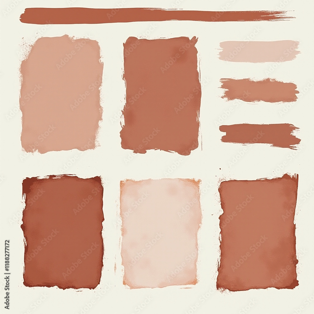 Obraz premium A collection of hand-painted watercolor swatches in earthy tones of terracotta and beige, showcasing various brushstroke styles and textures.