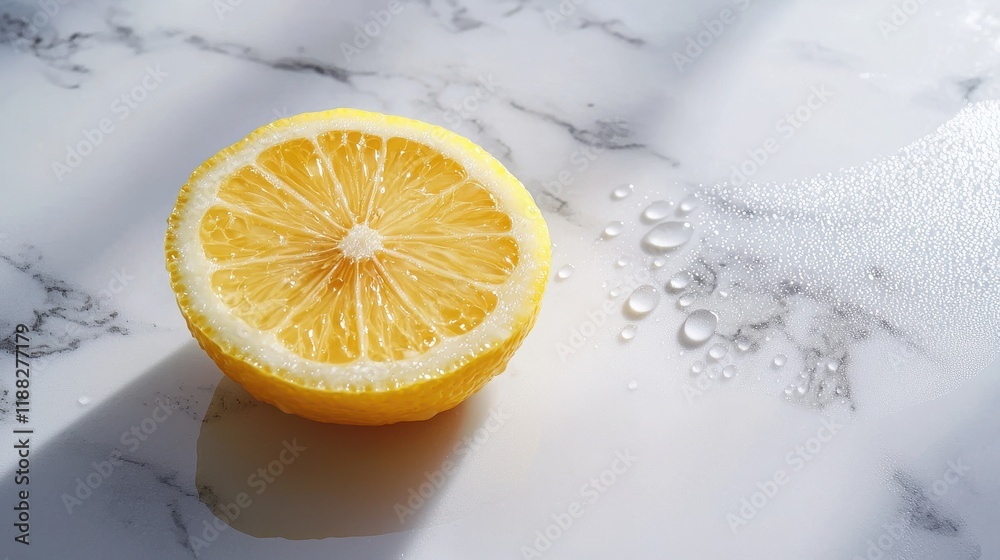 A sliced lemon on a marble countertop with droplets of water glistening on the surface A sliced lemon on a marble countertop with droplets of water glistening on the surface
