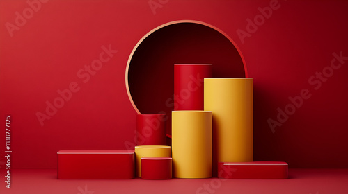 A product display features red and yellow platform cylinders stacked on a red background, with a circular cutout revealing the background, adding intrigue and dimension resembling oriental culture. photo