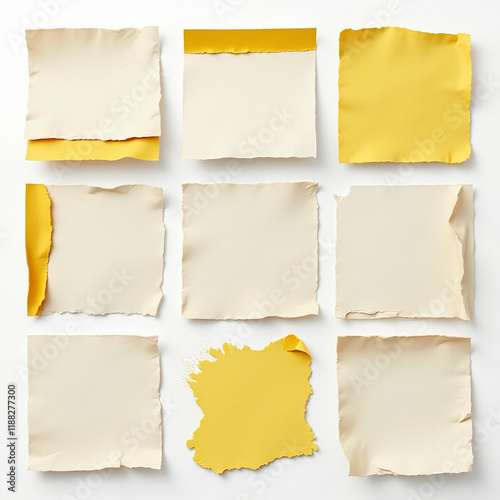 Elegant arrangement of torn paper scraps featuring soft beige and vibrant yellow tones.