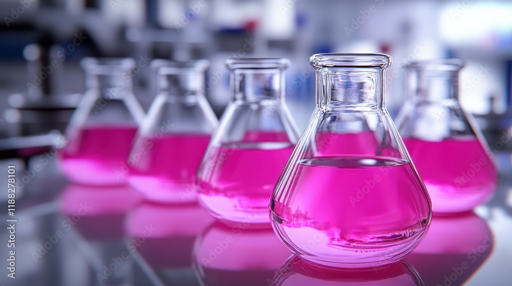 Pink Liquid in Erlenmeyer Flasks in a Laboratory Setting Pink Liquid in Erlenmeyer Flasks in a Laboratory Setting