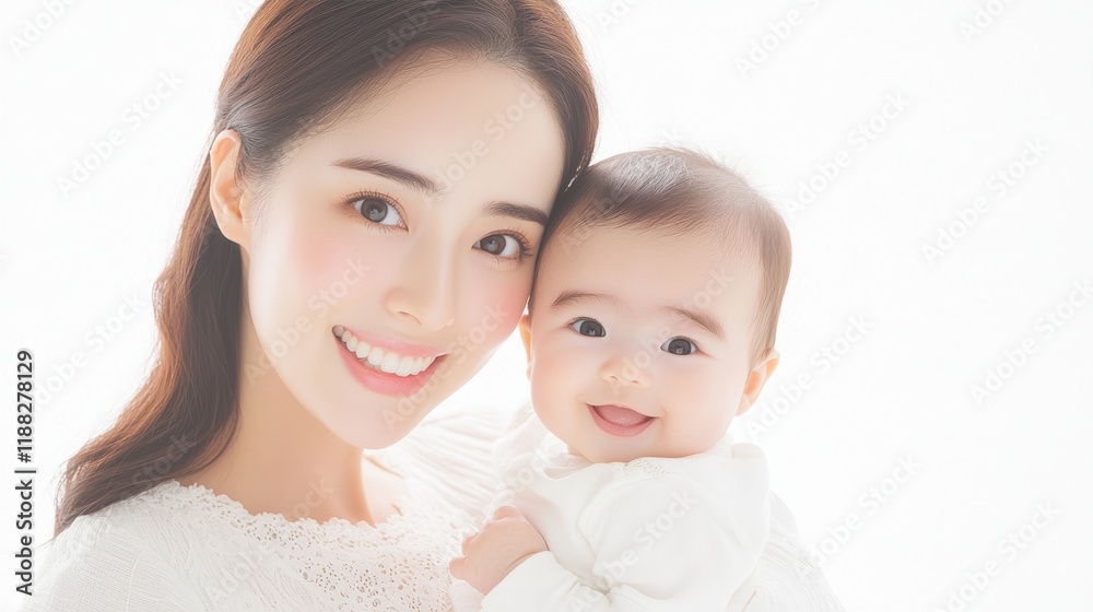 A joyful mother holds her smiling baby, both radiating warmth and happiness against a soft, bright background. A joyful mother holds her smiling baby, both radiating warmth and happiness against a soft, bright background.
