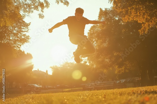 A man joyfully jumping in the air in the golden glow of a sunset, the soft lens flare highlighting the freedom and excitement of the moment. photo