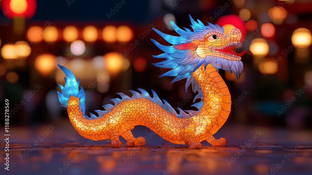 Fototapeta premium Celebrating lunar new year colorful dragon lanterns in vibrant urban festival nighttime festivities cultural heritage