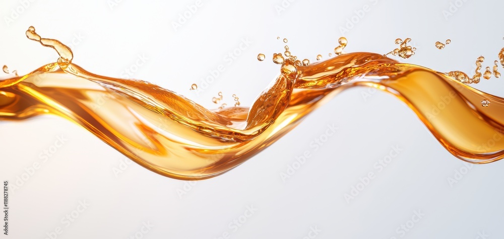 Fototapeta premium A dynamic splash of amber liquid gracefully flows, capturing light and creating an elegant wave effect against a neutral backdrop.