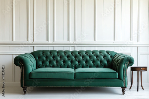 Green sofa with minimalist table in bright interior photo