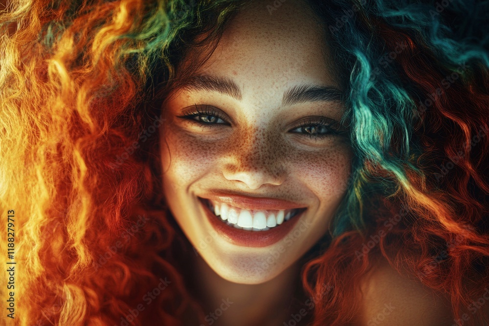 Long trim - multicolored hair. Pretty smiling mixed-race girl - for ads, flyer and digital marketing use. Commercial commercial conceptual art. Black girl vibrancy. Black woman advertising.