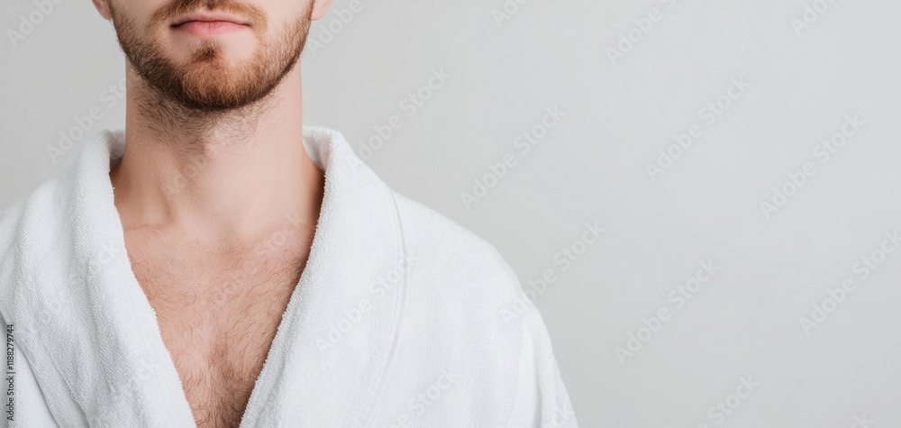Fototapeta premium A relaxed man in a white bathrobe, with a close-up view focusing on his upper body and a neutral background.