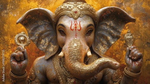 Colorful sculpture of lord ganesha with gold ornaments in a traditional pose