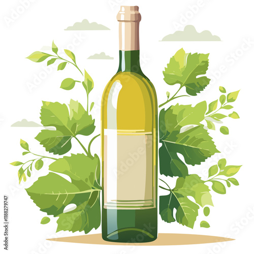 White wine bottle vector illustration. Image of alcoholic drink from grapes decorated with leaves on isolated background. For bar and packaging.