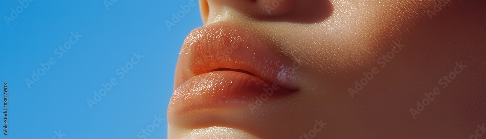 Fototapeta premium Close-up of soft, glossy lips against a bright blue sky, conveying beauty and vibrancy.